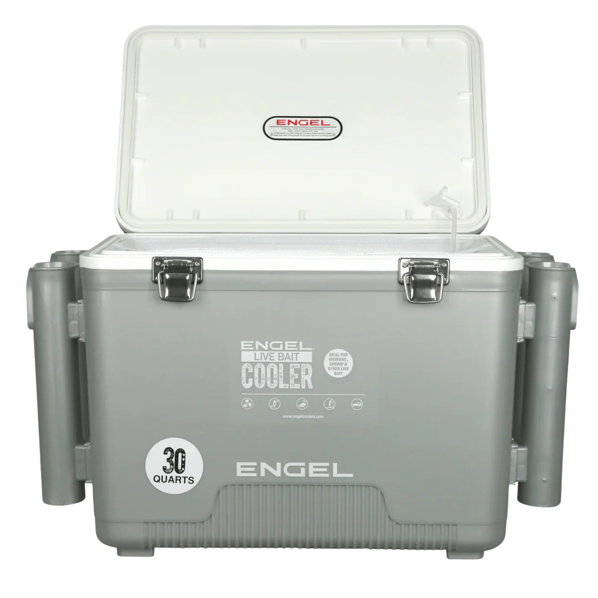 ENGEL 30 QUARTS LIVE BAIT PRO COOLER WITH AP4 RECHARGEABLE AERATOR AND STAINLESS HARDWARE - SILVER - Image 2