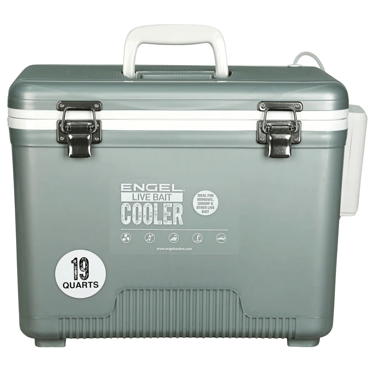 ENGEL 19 QUARTS LIVE BAIT PRO COOLER WITH AP3 RECHARGEABLE AERATOR AND STAINLESS HARDWARE - SILVER