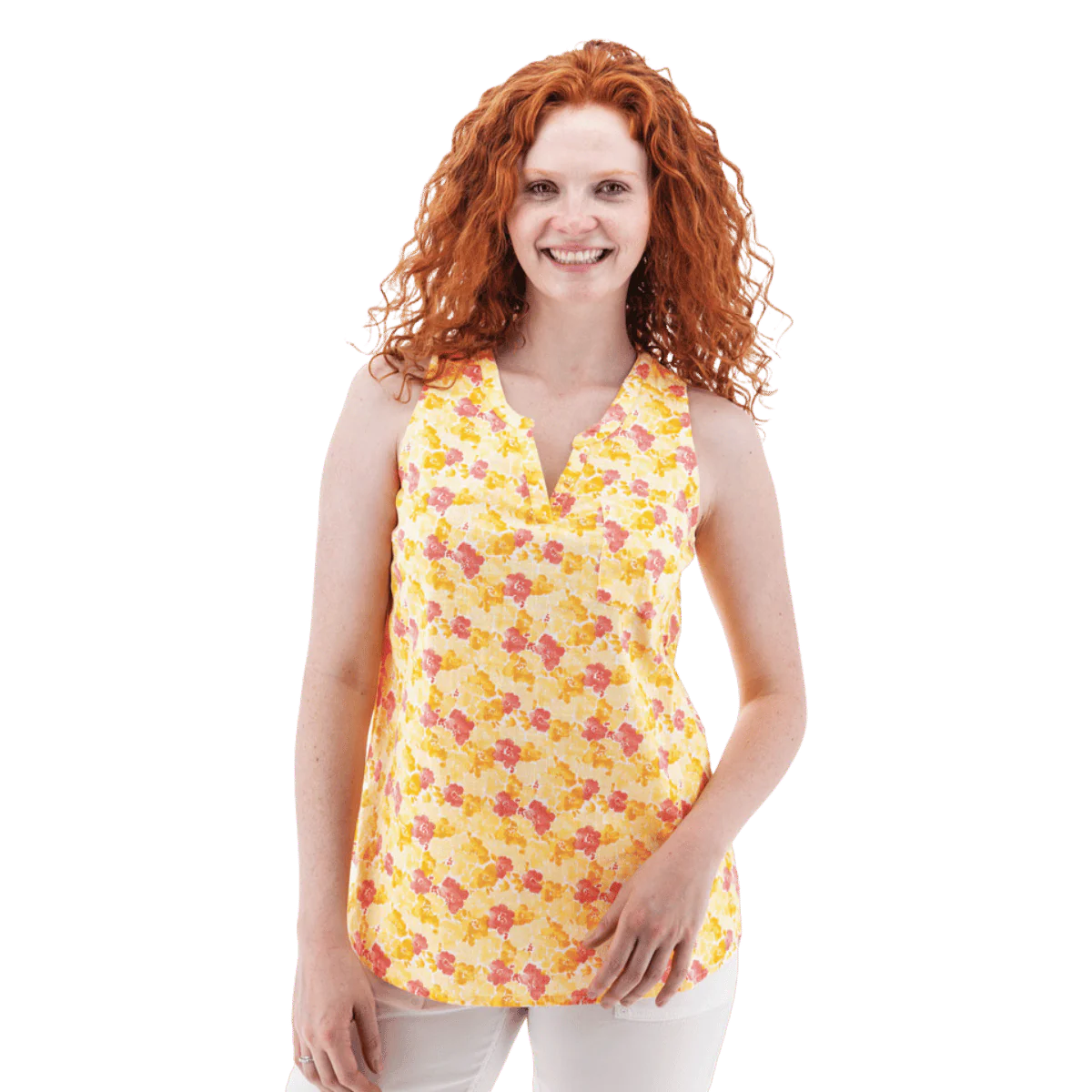 AVENTURA WOMEN'S DEVONNE SPLIT NECK PRINT TANK TOP - PEACH
