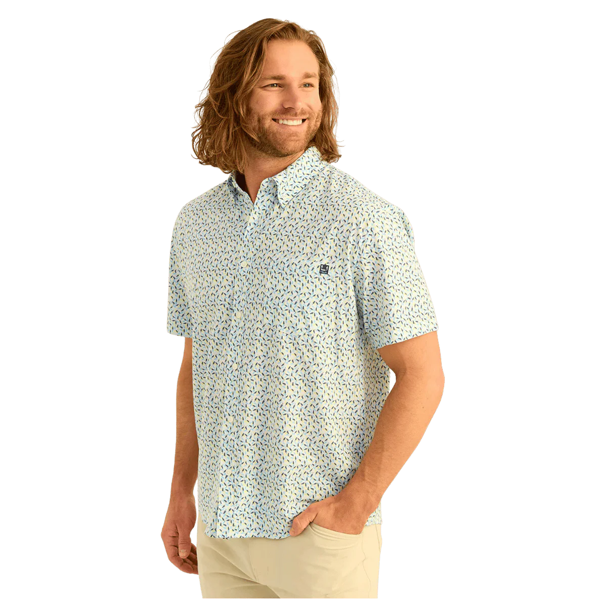 HUK MEN'S KONA PRINTED SHORT-SLEEVE SHIRT - YELLOWFIN LURE SMASH