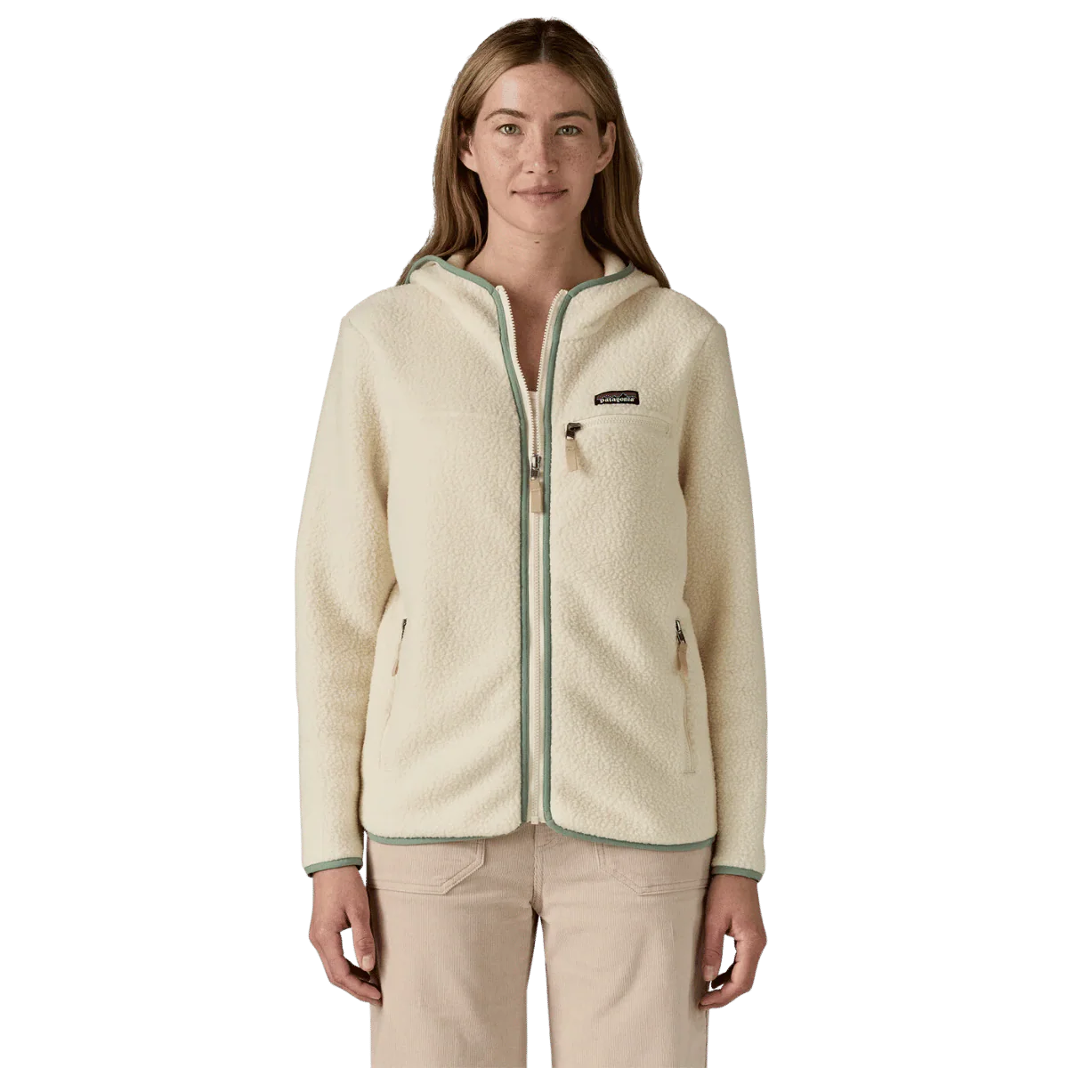 PATAGONIA WOMEN'S RETRO PILE HOODY - NATURAL W/ELLWOOD GREEN - Image 2