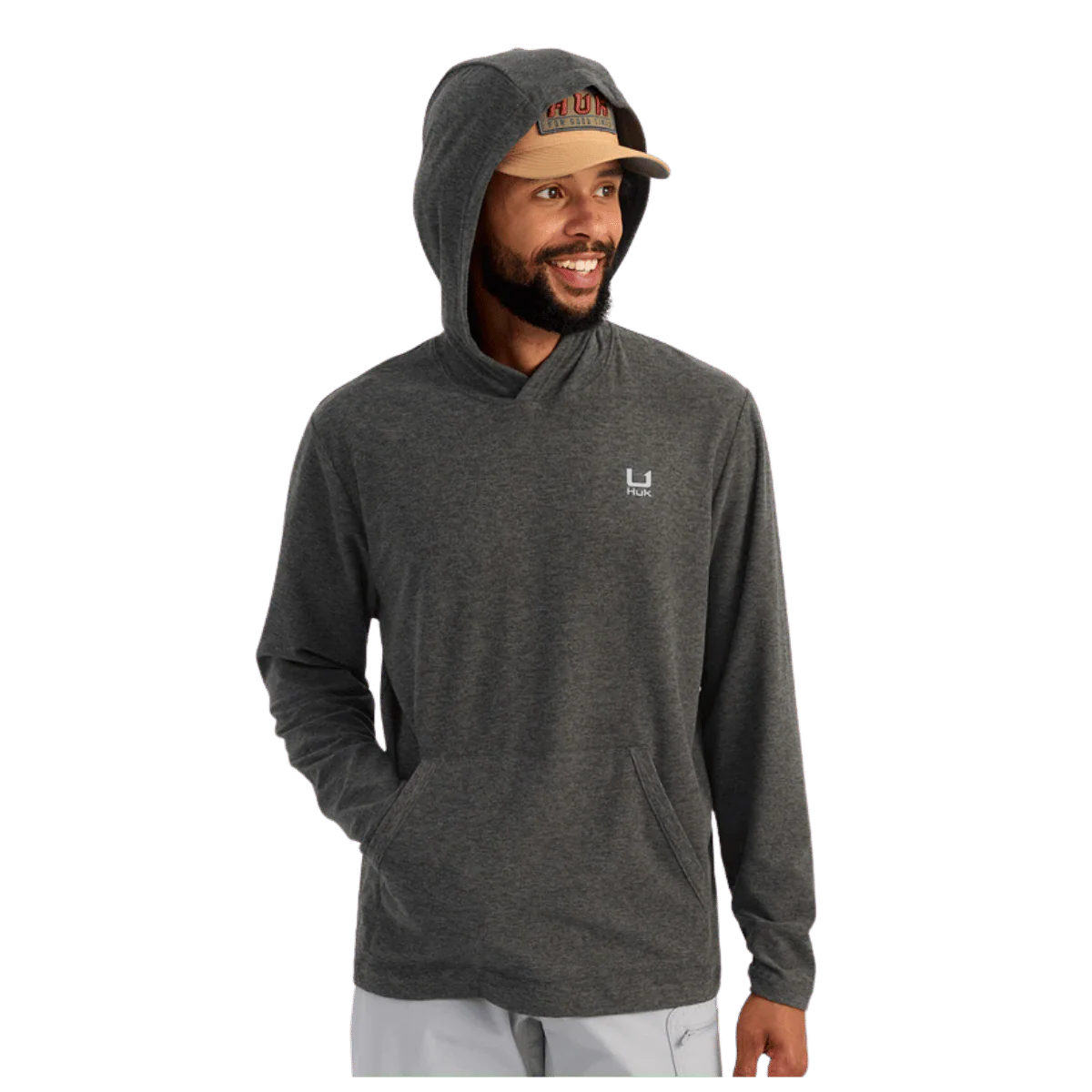 HUK MEN'S LEEWARD LIGHTWEIGHT FLEECE HOODIE - VOLCANIC ASH HEATHER