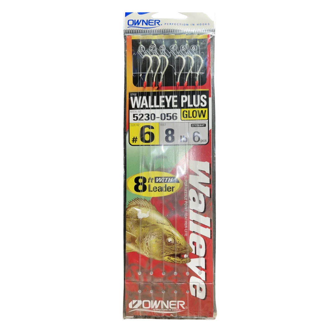 OWNER AMERICAN WALLEYE PLUS BAIT HOOK WITH 8' LEADER - RED HOOK GLOW BEAD #6 - Image 2