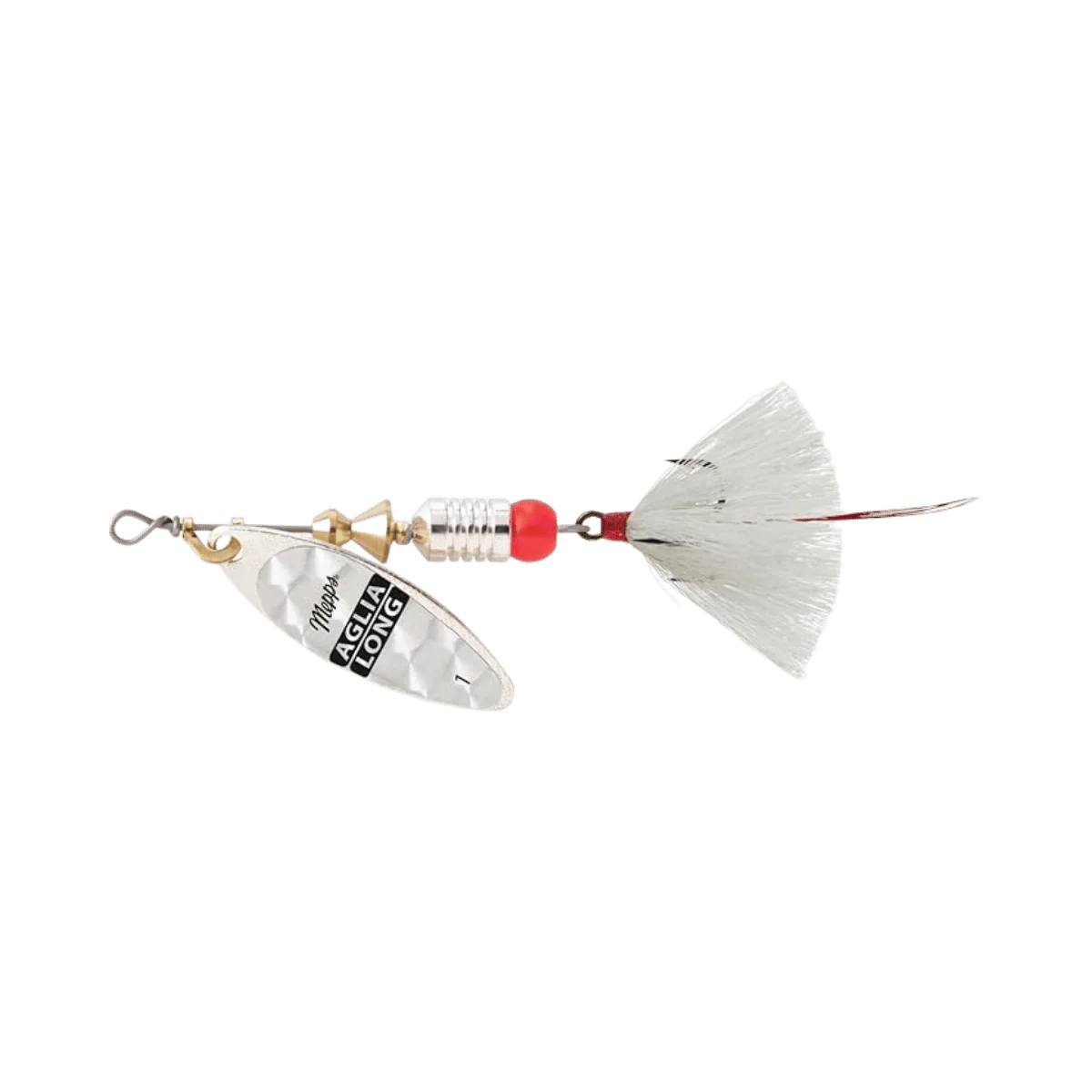 MEPPS AGLIA LONG DRESSED SPINNER LURE 1/2OZ SLV/RBW WHT TAIL